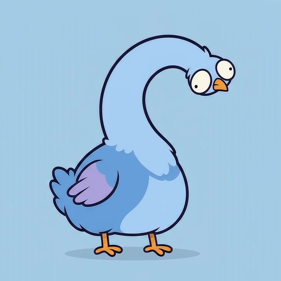 ARCWARD, a bewildered blue bird with a long arched neck and tiny orange feet.